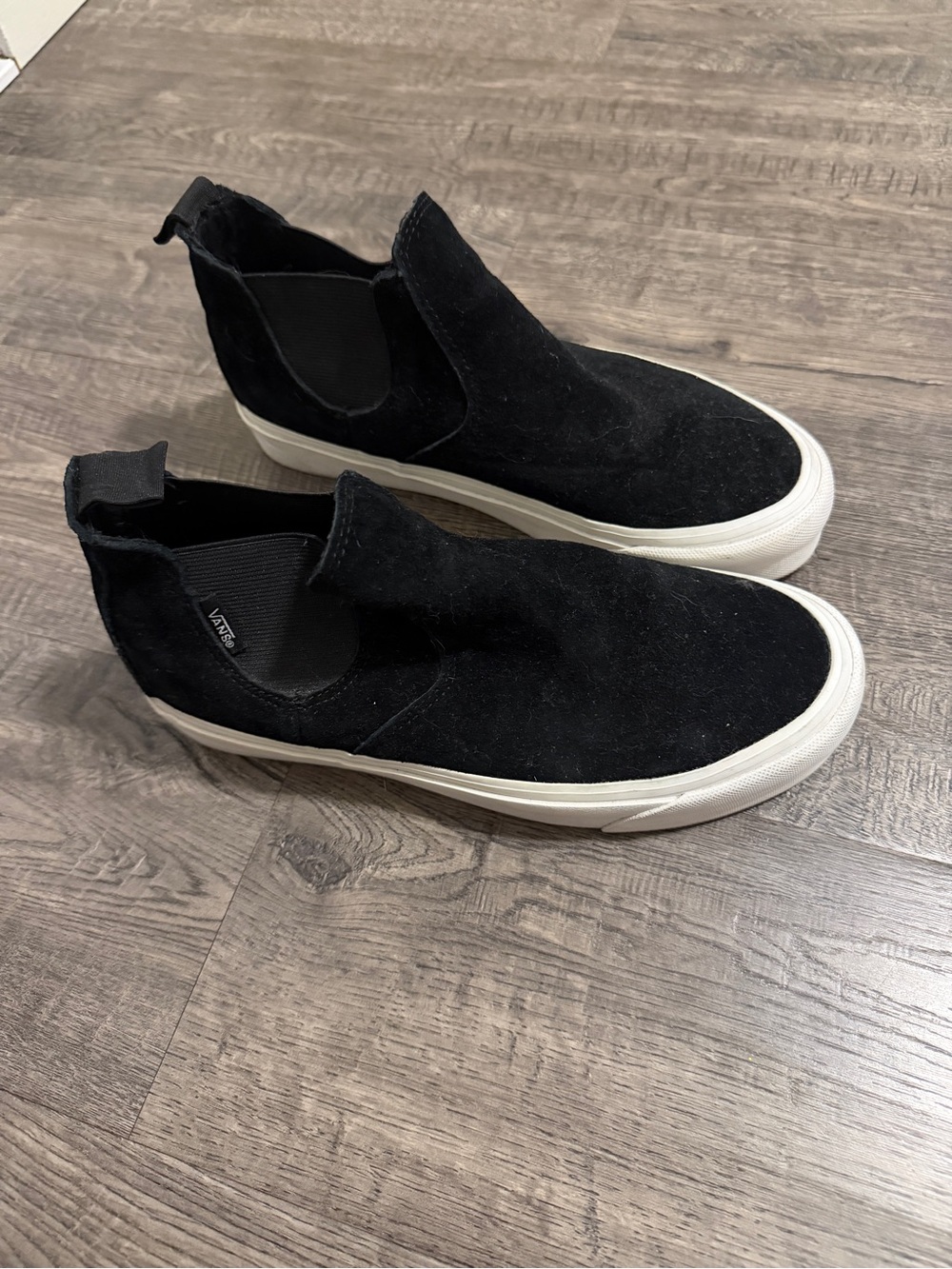 Vans Black Suede Slip-On Platform Loafers with White Sole